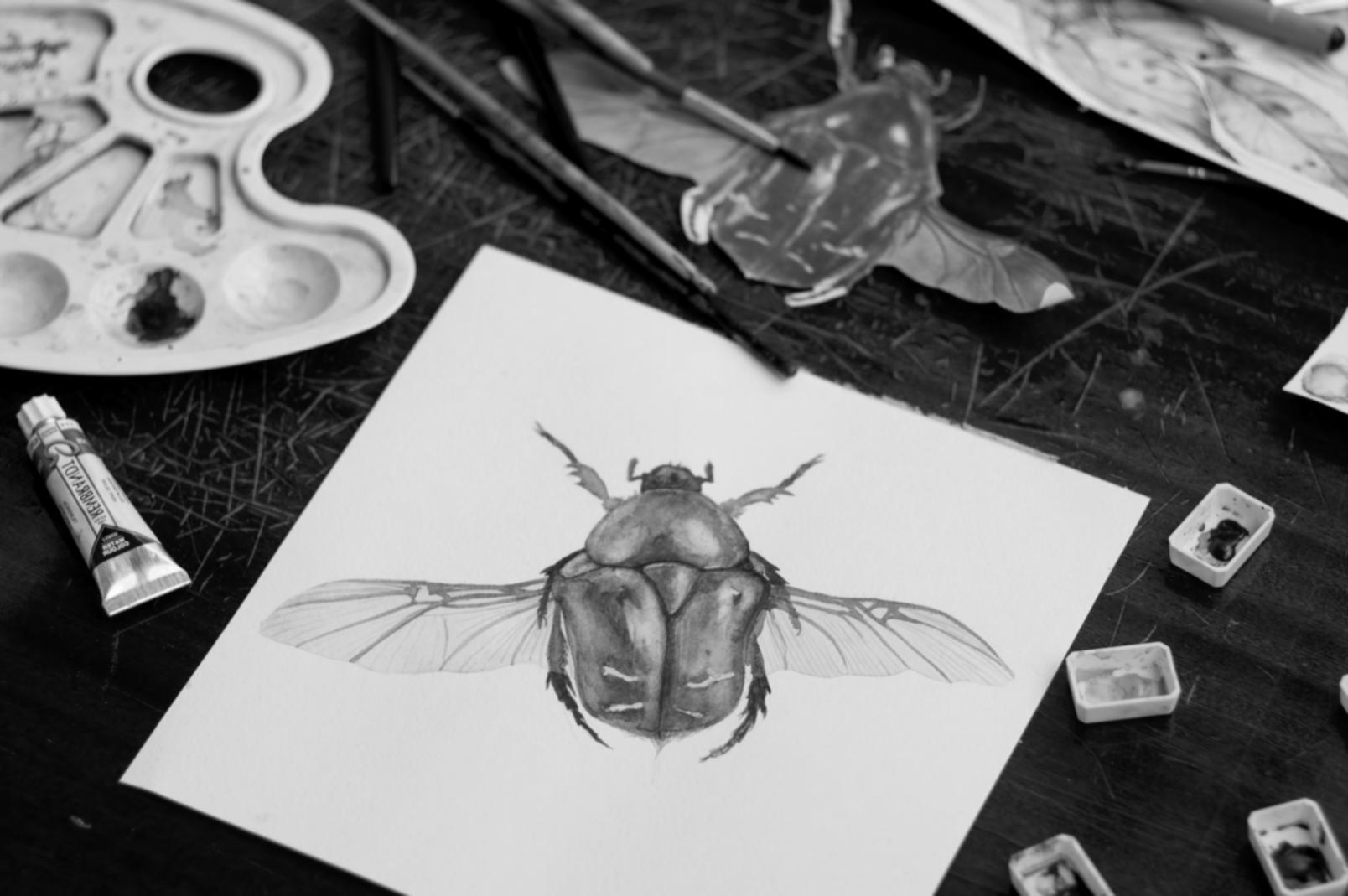 Studente che lavora su un ritratto utilizzando tecniche di stratificazione del colore